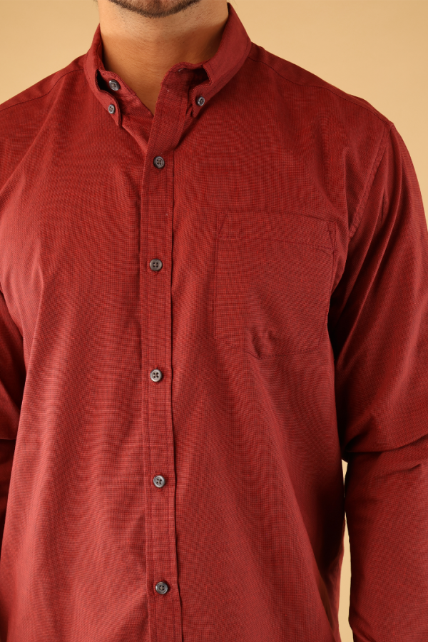 Camisa Manga Larga Rojo Vino Corte Regular De Algodón Elegante Para Caballero